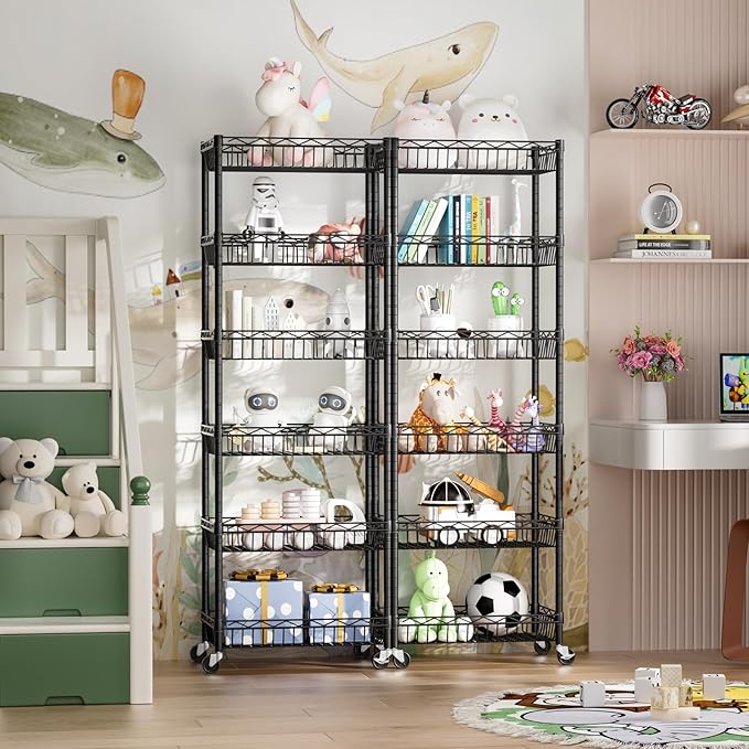 Golpart 6 Tier Basket Shelf Wire Shelving Unit Adjustable Storage Shelves Big Basket Rack for Garage Kitchen Office Pantry Corner 17.2" Dx12.2 Wx63 H Black