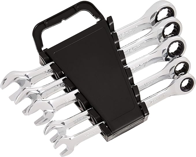 Amazon Basics 5-Piece Metric Ratcheting Wrench Set, 10mm, 11mm, 13mm, 14mm, 15mm, Black/Silver