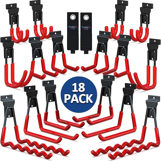 3-H Slatwall Hooks 18 Pack Heavy Duty Multi Sizes, Slatwall Accessories & Hangers Compatible with Proslat Handiwall Crownwall StoreWALL, Garage Slat Wall Hooks for Tools & Daily Items(Red)