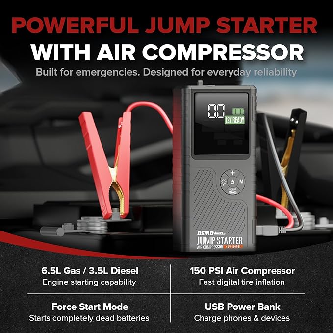 Jump Starter with Air Compressor, Portable Car Battery Booster for Dead Batteries, 150 PSI Tire Inflator – Starts Up to 6.5L Gas / 3.5L Diesel Engines, Power Bank, LED Display – DSMDAutos