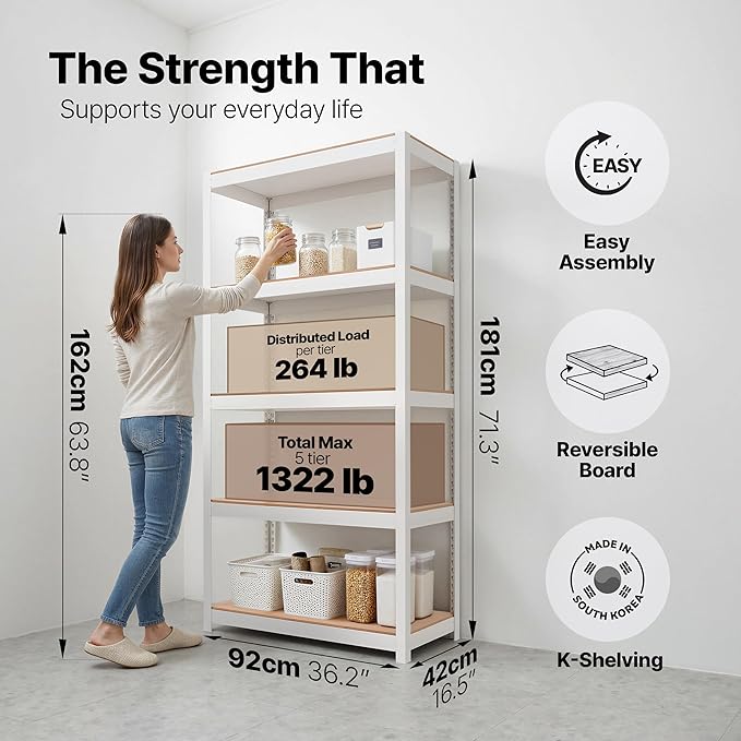 HOMEDANT House 36.2" W 5 Tier Heavy Duty Garage Shelving Adjustable Metal Rack Storage Shelves Standing Shelf Unit Organizers Pantry Closet Office White 2Pack