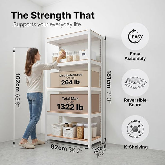 HOMEDANT House 36.2" W 5 Tier Heavy Duty Garage Shelving Adjustable Metal Rack Storage Shelves Standing Shelf Unit Organizers Pantry Closet Office White 2Pack