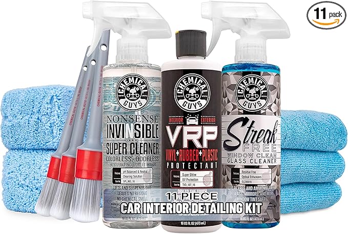 Chemical Guys Car Interior Detailing Kit - VRP Protectant, Nonsense Cleaner, Streak Free Glass Cleaner, 3 Detailing Brushes, 3 Towels, 2 Applicators, 11-Items