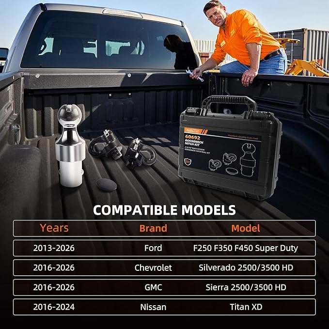 60692 Gooseneck Hitch Kit, 2-5/16 Gooesneck Ball Fits Ford 2013-2026 Ford F250 F350 F450, 2016-2026 Chevrolet Silverado, GMC Sierra & Titan XD，30000 lbs GTW/ 7500 lbs VTW，2 Safety Chain