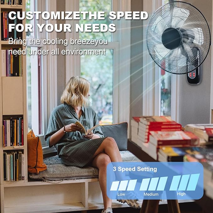 Aotop 16 inch Wall Mount Fan with Remote Control - 2 Pack, 3-Speed and 3 Modes, Timer Function, Adjustable Head, Oscillating Fan for Home and Office - Black