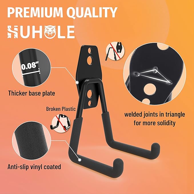 HUHOLE Heavy Duty Garage Storage Hooks (4-Pack) for Bikes & Ladders - 80lbs Capacity Wall Mount Organizer with Anti-Slip Coating & Multi-Wall Anchors