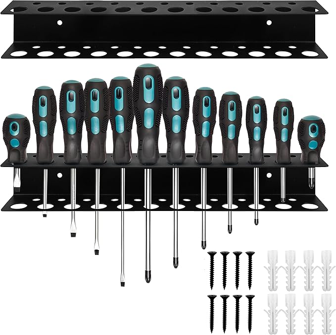 Screwdriver Holder Wall Mount with 23 Holes, 12.6" Long, Heavy Duty Hand Tool Box Organizer Holders Rack Storage Peg Board for Screw Driver Pliers for Garage Workshop Shed (No Screwdriver Included)