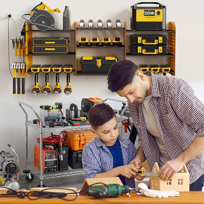 Power Tool Organizer, 45.5 Inch Cordless Drill Holder Wall Mounted, 3 Layers Tool Organizers with Outlet Power Strips , Garage Storage Rack for Toolbox/Impact Wrenches/Screwdriver/Plier/Hammer