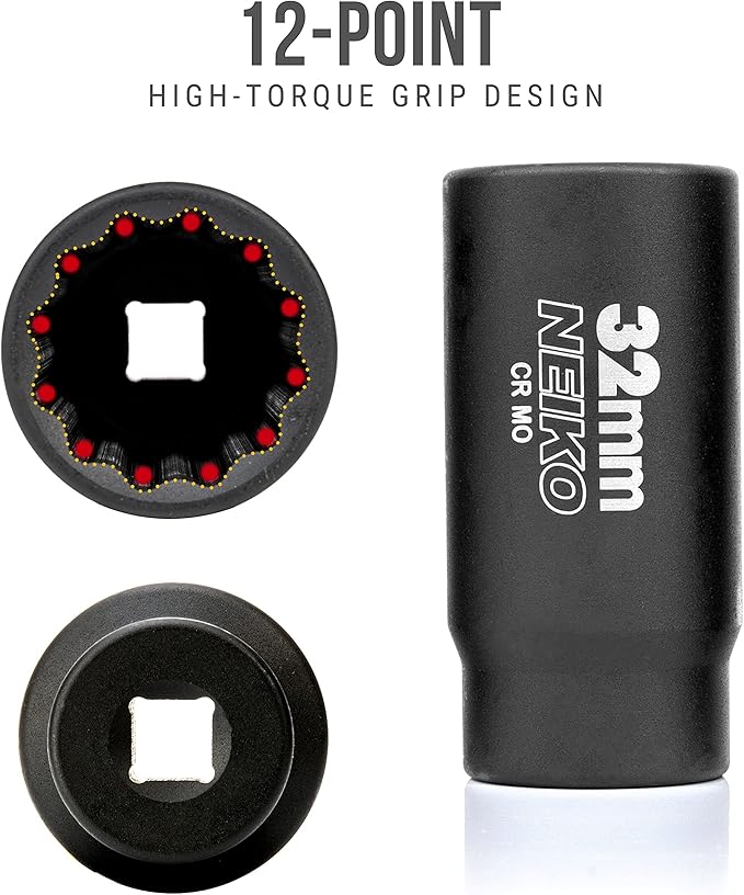 NEIKO 02523A 32mm Socket | 1/2” Drive Deep Impact Socket | Spindle & Axle Nut Socket | 12 Point |Chrome Molybdenum Cr-Mo |Deep Well Hub | Triple Square | Axle Shaft Nut Remover
