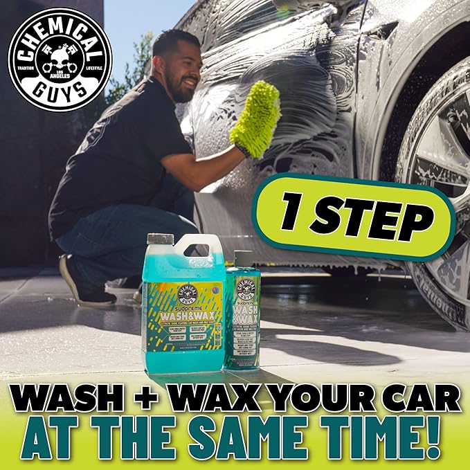 Chemical Guys Sudpreme Wash & Wax 128 oz High Suds Foaming Car Wash Soap with Carnauba Wax Shine, Deep Gloss Finish & Surface Protection Safe for Paint, Chrome & Plastic