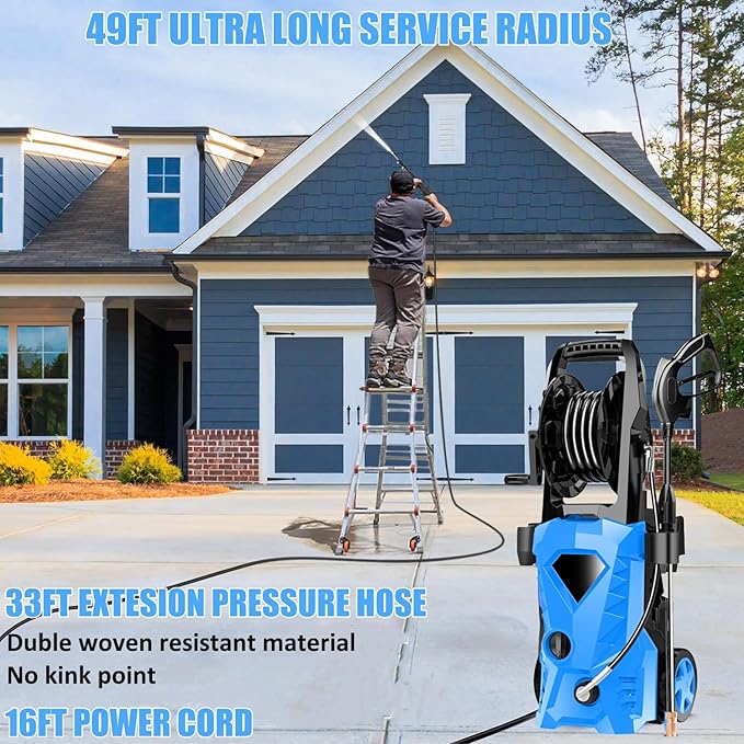 5000PSI Electric Pressure Washer - 2025 New Power Washer with Upgraded 33ft Pressure Washer Hose Reel, Foam Cannon, 4 Nozzle Set, Power Washer for House/Patios/Car/Fence, Blue