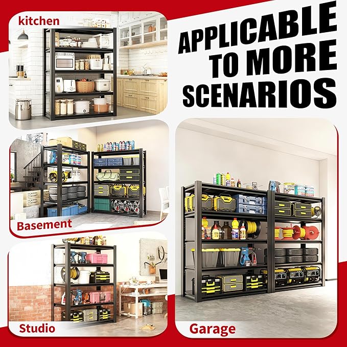 Storage Shelves, 5-Tier Garage Shelving, Adjustable Heavy Duty Shelving Units, Metal Industrial Utility Organizer Storage Racks for Basement, Kitchen, Warehouse, Pantry,16" D×31.5" W×63" H