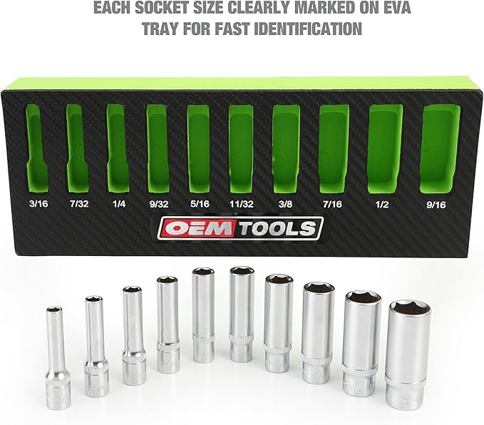 OEMTOOLS 23985 10 Piece 1/4" Drive Deep Socket Set, SAE Sizes 3/16"-9/16", Rust-Resistant 1/4 Drive Socket Set, EVA Storage Tray, Heat-Treated Alloy Steel Sockets