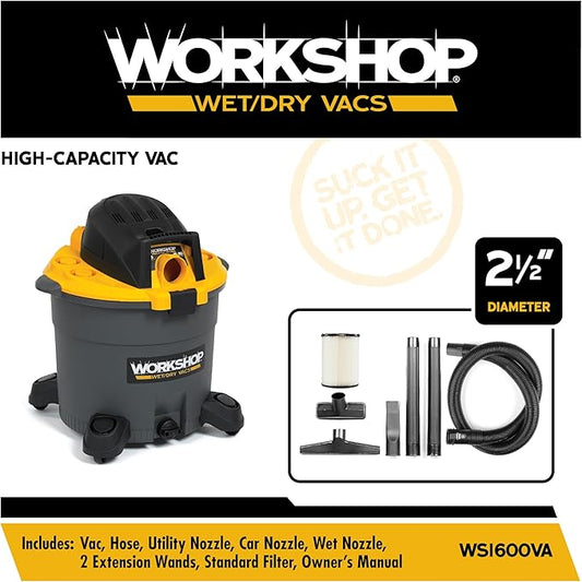 WORKSHOP Wet/Dry Vacs Shop Vacuum WS1600VA 16-Gallon 6.5 Peak HP Heavy-Duty Wet Dry Vacuum Cleaner with Filter, Hose, and Attachments for Home Projects & Renovations