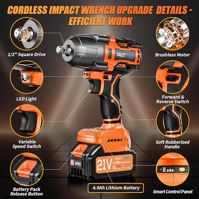Protmex Cordless Impact Wrench, 900Ft-lbs (1200N.m) 1/2" Brushless Impact Gun, 21V High Torque Power Impact Driver, 2x4.0Ah Batteries Electric Impact Motor Variable Speeds for Car/Pickup Truck/Mower