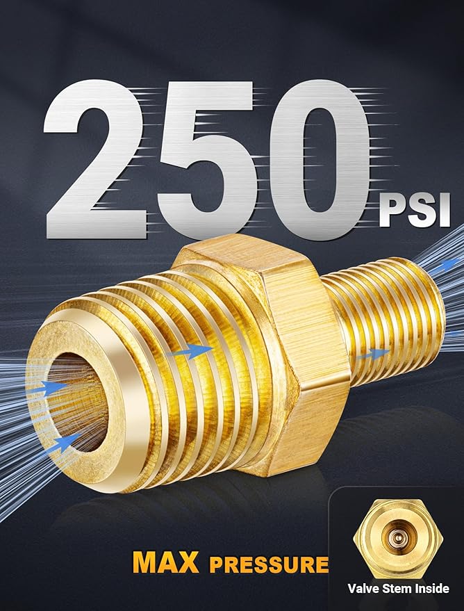 EVOULTES Brass Air Inflator Adapter w/Valve Stem Inside, 1/4" NPT (M) to Standard Schrader Valve (M), Tire Inflator Connector for Auto Portable Air Compressor/Pump, Air Hose, Air Chuck (2 Packs)