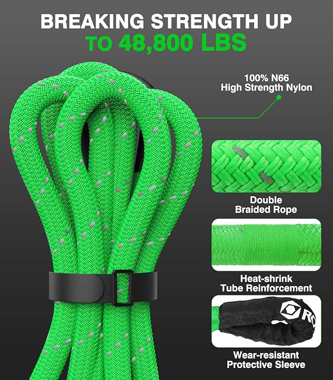 Roylvan 1" x 30ft Kinetic Recovery Tow Rope, 48800 LBS Nylon Tow Strap with 2 Soft Shackles 1/2" x 22", 30% Elasticity Heavy Duty Offroad Towing Straps Kit for Trucks, SUV, Tractor, Fluorescent Green