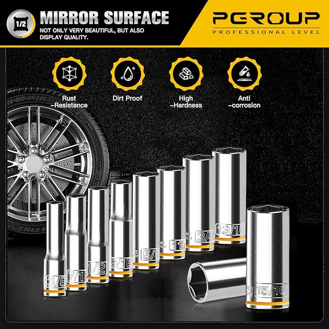 10PCS 1/2” Drive Deep Socket Set, SAE (3/8"-15/16"), 6-Point, Cr-V Steel, Chrome Plated Socket With Hanging Bracket, Cover Most Commonly Sizes