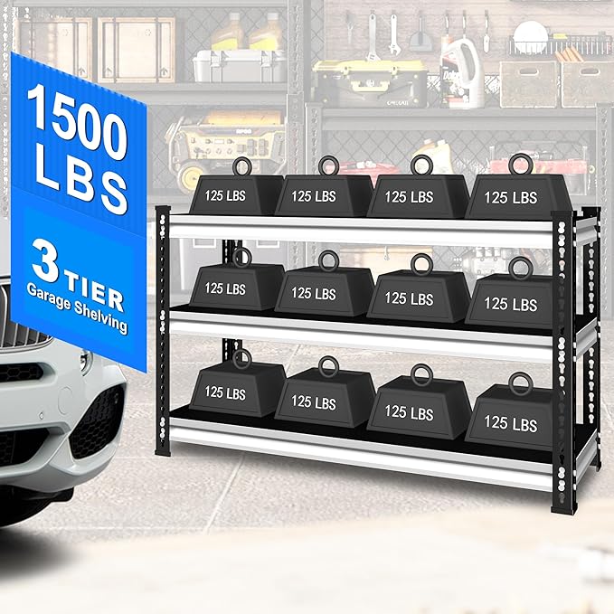 48" W Garage Shelving Heavy Duty, 1500LBS Loads Adjustable Garage Storage Shelves, 3-Tier Metal Shelving Units and Storage Racks, Industrial Utility Shelf,48" Wx18 Dx39 H, White