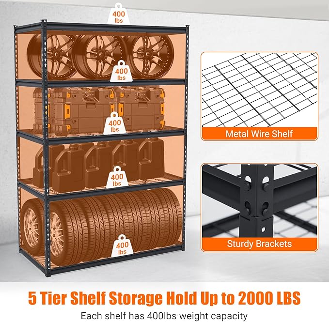 Towallmark Heavy Duty Storage Shelves 48 * 24in, 5 Tier Garage Storage Shelving, Adjustable Metal Storage Shelf Unit, Easy Assemble Garage Storage Shelving