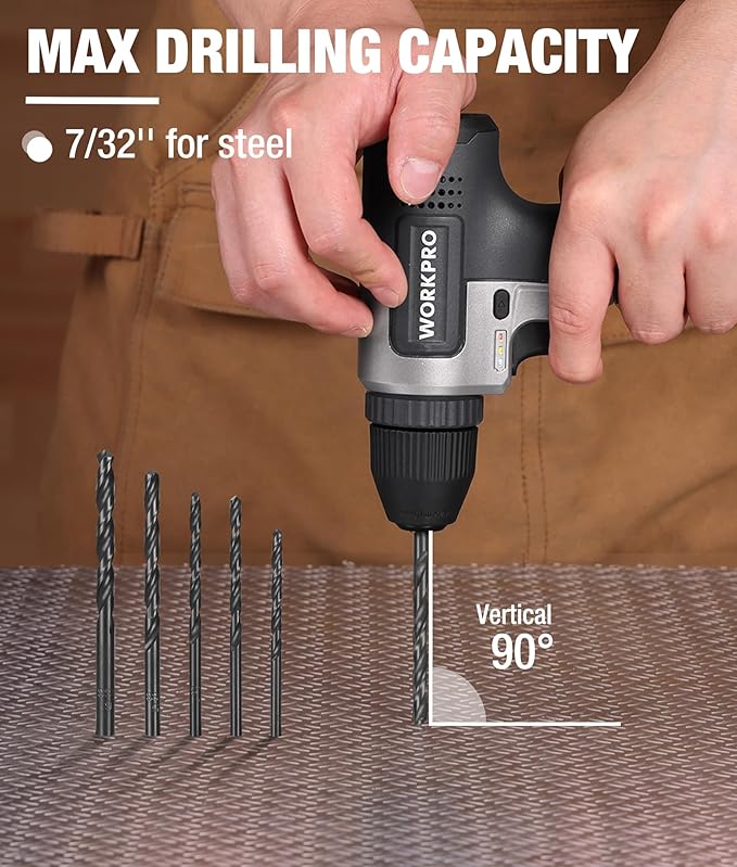 WORKPRO 8V Cordless Drill Set, 2Ah Electric Power Drill with 3/8'' Keyless Chuck, 15pcs Bits, Type-C Charging, Built-in LED and Variable Speed for Drilling and Screwing