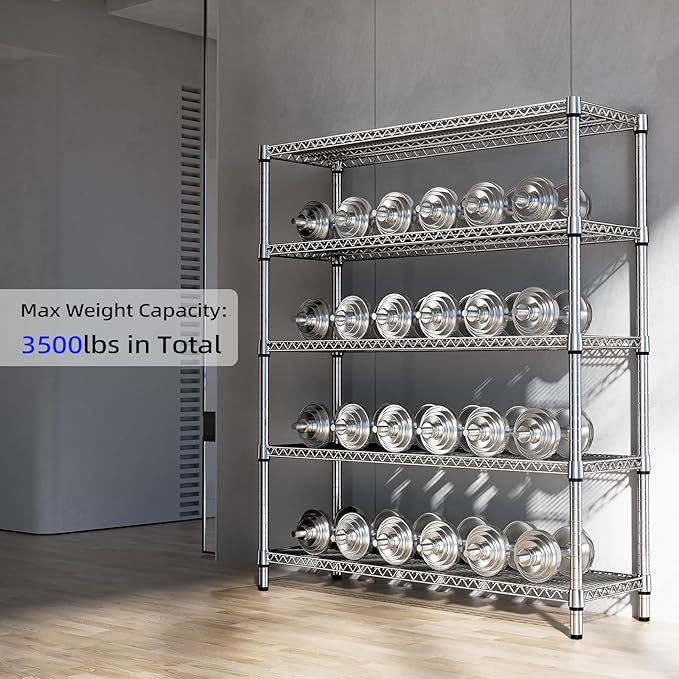 M MZG 3500LBS 59" W 5 Tier Storage Shelves Rack Metal Wire Shelving Unit, Storage Standing Shelf Organizer for Laundry Bathroom Kitchen Pantry Closet Garage, Chrome 17.7" D x 59.1" W x 70.4" H