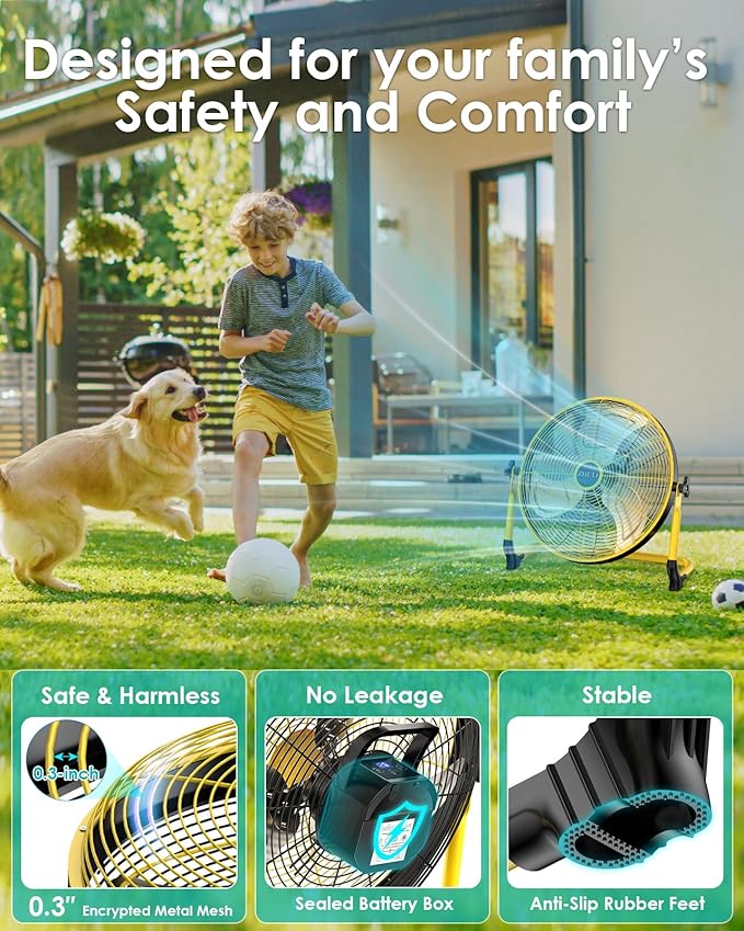 ZHULI 18" Portable Battery Operated Floor Fan, Rechargeable Cordless Camping Fan, Hi-Velocity Brushless Motor, Metal blade, USB Phone Charge, 8~60H Runtime, Quiet, Wireless, For Outdoor Home Workshop
