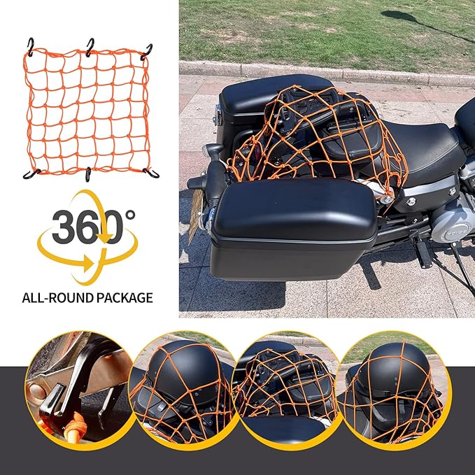 Small Cargo Net 15"x15" Stretches to 30"x30" with Thicken Hooks | Natural Latex Core, Tight 2”x2” Mesh Heavy Duty Bungee Net for Motorcycle Helmet, Bike, ATV, UTV, Luggage