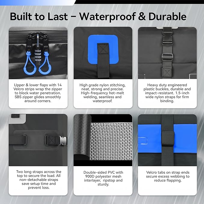 MARCHWAY Waterproof Car Roof Luggage Bag, Weatherproof Soft Shell Rooftop Cargo Carrier Bag for Vehicles with or Without Rack. 6 Door Hooks, Anti Slip Mat, Lock Included (21 Cubic Feet, Blue)