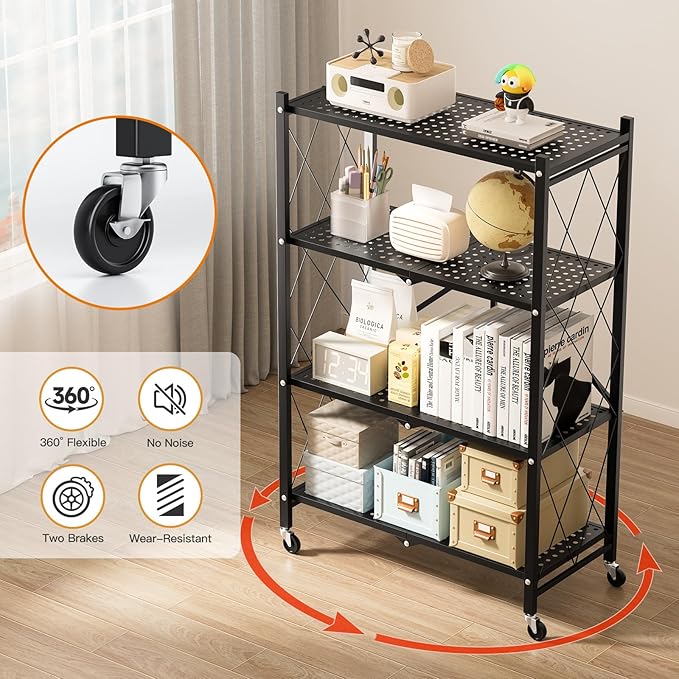 Simple Deluxe 4-Tier Folding Storage Shelves, 27.95" W x 14.96" D x 49.61" H Foldable Shelving Unit, 1000 Lbs Loading Capacity, Black