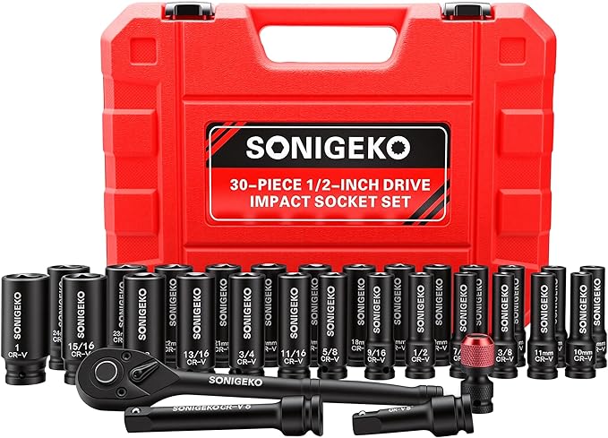30-Piece 1/2" Drive Impact Socket Set - 6 Point Deep SAE & Metric CR-V Steel Sockets with 3", 5"Extension Bar,Ratchet Wrench,and Bit Adapter(1/2" 30 PCS Socket Set,Metric and SAE)
