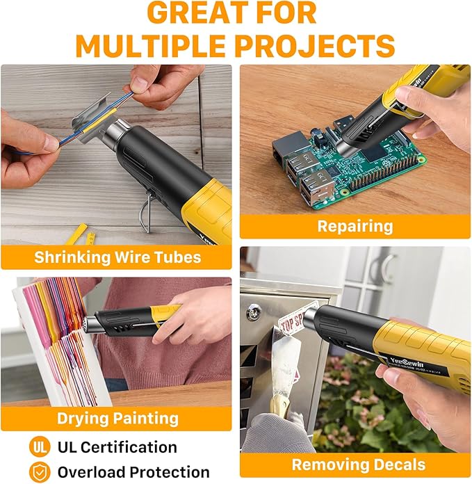 Mini Heat Gun 380W Fast Heat Hot Air Gun 2-Temp Settings 480°F-850°F(249°C-455°C) With Overheat Protection Reflector Nozzle, 4.9Ft Cable for Shrink Wrap, Vinyl, Crafts, Epoxy Resin (Yellow)