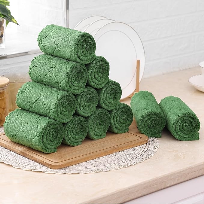 Mordimy 18 Pack Kitchen Cloths Dish Towels (10" x 10", Dark Grey & Grass Green), Super Soft and Absorbent Dish Cloths, Coral Velvet Microfiber Cleaning Cloth, Nonstick Oil Fast Dry Dishcloths