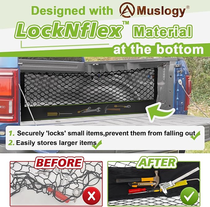 Muslogy Truck Bed Cargo Net Trunk Netting Compatible with Ford Ranger 2019-2023 Accessories, Pickup Cargo Organizer SUV Sedan Storage Net w/Heavy Duty Carabiners