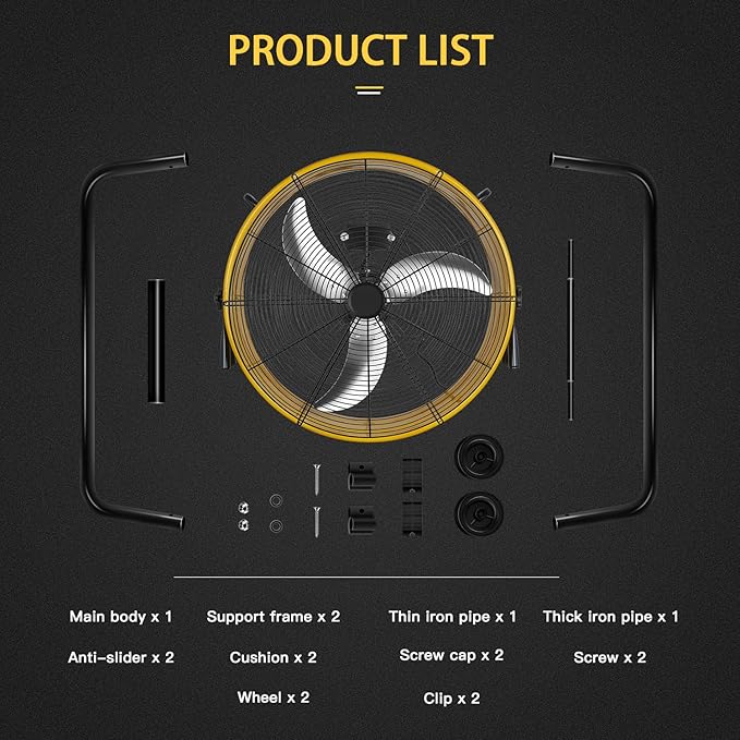 Heavy Duty Metal Industrial Drum Fan, 3 Speed Floor Fan for Warehouse, Workshop, Factory and Basement - High Velocity, Yellow, 24 Inch