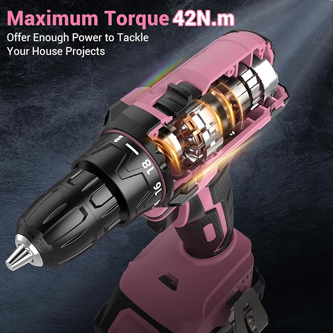 Pink Cordless Drill Set, 21V Electric Power Drill for Women with 2.0Ah Battery Charger, 3/8”Keyless Chuck, 2 Variable Speed, 18+1 Torque, 20pcs Driver Bits and Belt Hook for DIY Projects