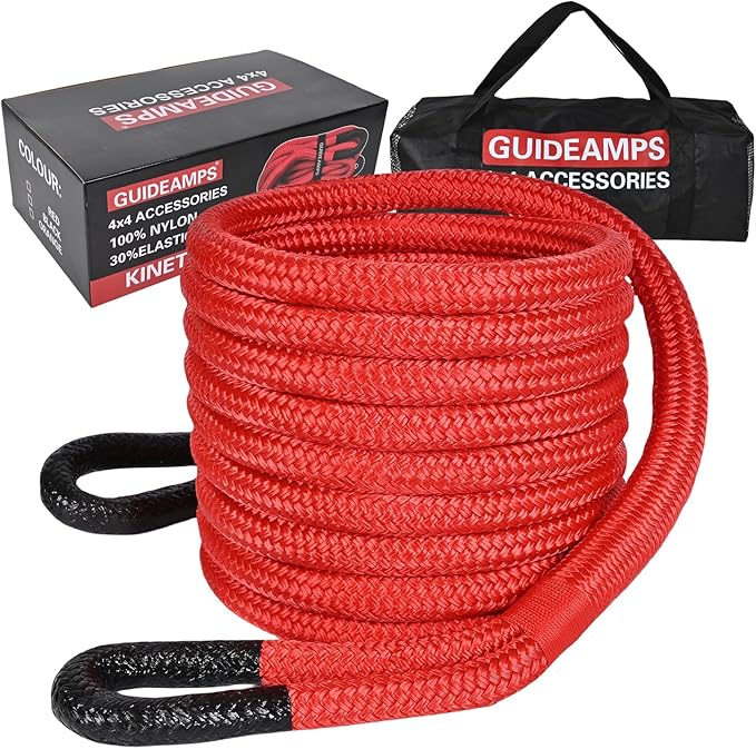Kinetic Recovery Rope 1in x 30ft 48000lbs 30% Elasticity Heavy Duty Tow Ropes for Trucks ATV,UTV,Jeep Off-Road Red