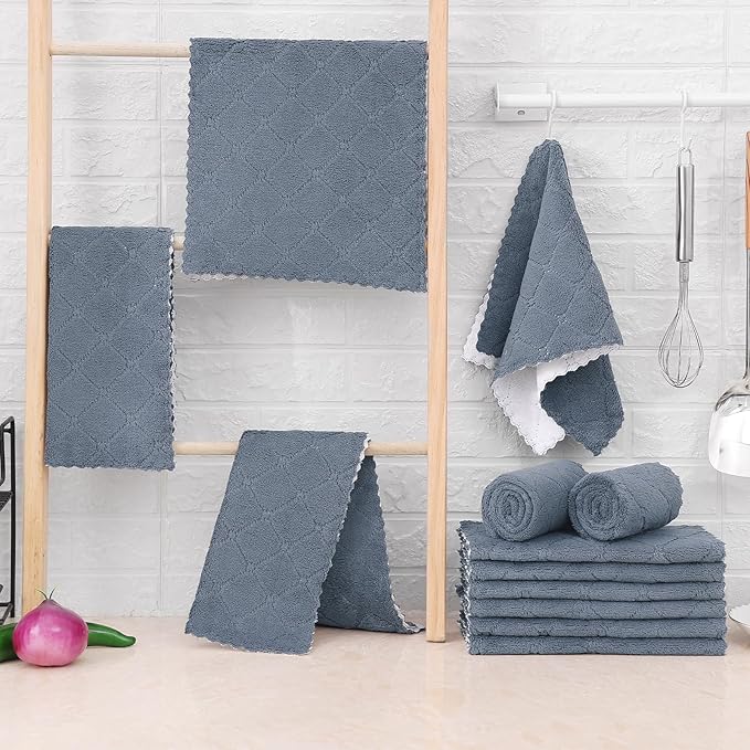 Mordimy 24 Pack Kitchen Towels (20" x 10",Dark Grey & White), Super Soft and Absorbent Dish Towels, Coral Velvet Microfiber Cleaning Cloth, Nonstick Oil Fast Dry Dish Cloths