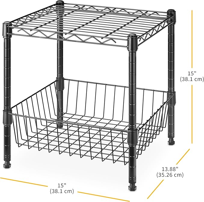 Whitmor 2 Tier Metal Storage Shelves, Heavy Duty Shelf with Basket, 350 lbs Capacity per Shelf, 700 lbs Total, Home Organizer for Kitchen, Garage, Bathroom, 15" L x 14" W x 15" H, Black