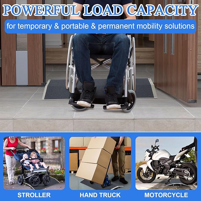 Yaocom Wheelchair Threshold Ramp 15.8 x 27.6 Inches Aluminum Alloy Bridge Ramp 600lbs with Detachable Supports Non Slip Safety Surface Door Ramps for Wheelchairs Stairs Vans Steps Doorway Driveways