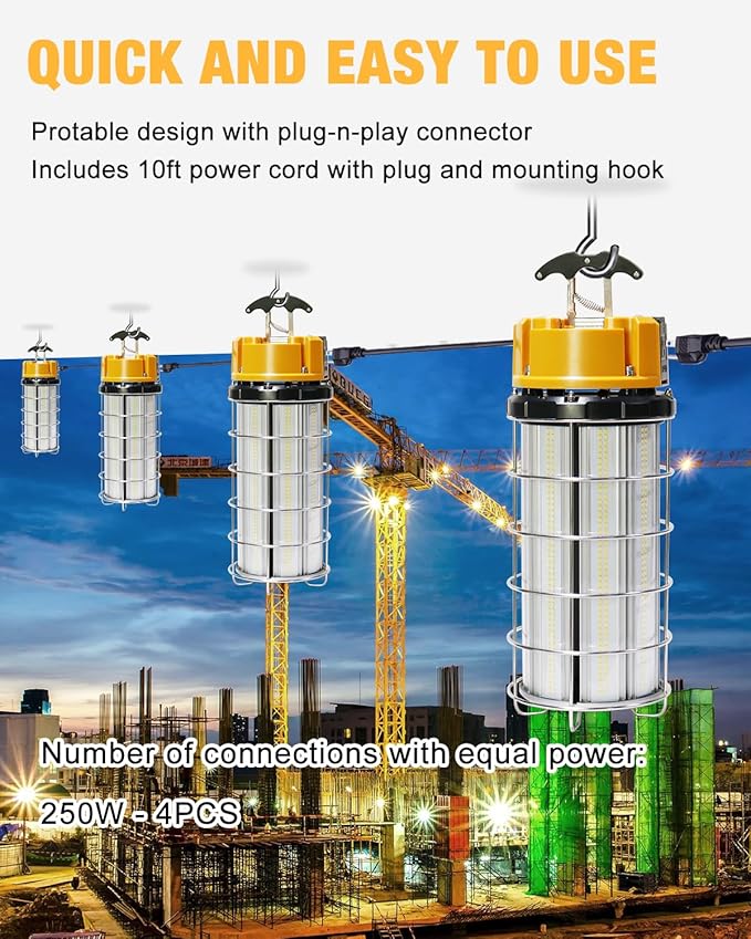 LED Temporary Work Light 250W, Construction Lights 5000K 30,000lm Outdoor Job Site Lighting 10ft Cord IP65 Dust Waterproof Hanging Lighting