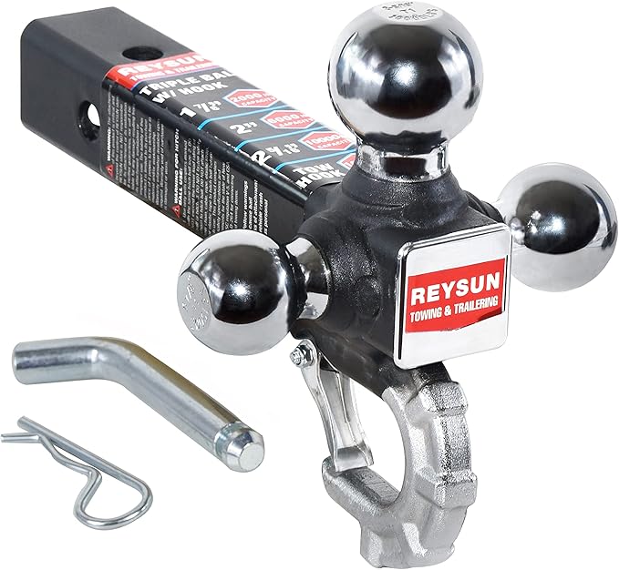 Trailer Hitch Tri-Ball Hitch with Hook, Tactical Tow Ball Hitch, Fits 2-inch Hitch Receiver, Chrome Triple Balls with Hitch Pin and Clip