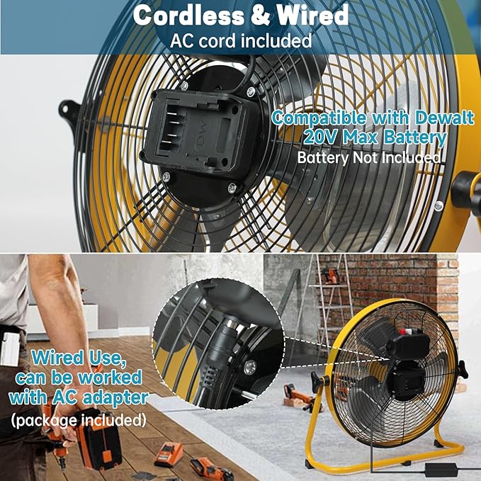 16" High Velocity Floor Fan for Dewalt 20V Max Battery, 3-Speed Battery Operated Cordless Floor Fan with AC Adapter, Heavy Duty Metal Industrial Fans for Warehouse, Garage, and Workshop(Tool Only)
