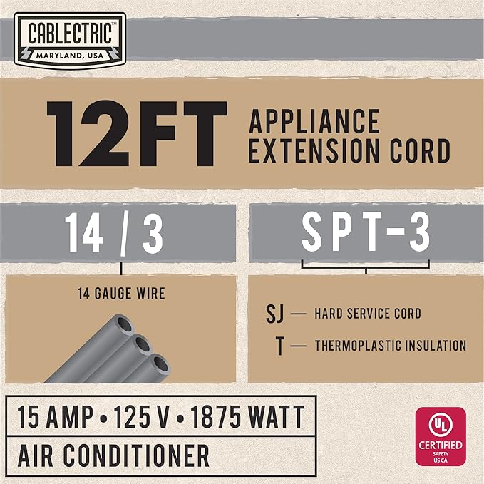 12 Foot Appliance Extension Cord, Gray - 14 Gauge 3 Prong SPT-3 Heavy Duty Cable for Major Appliances