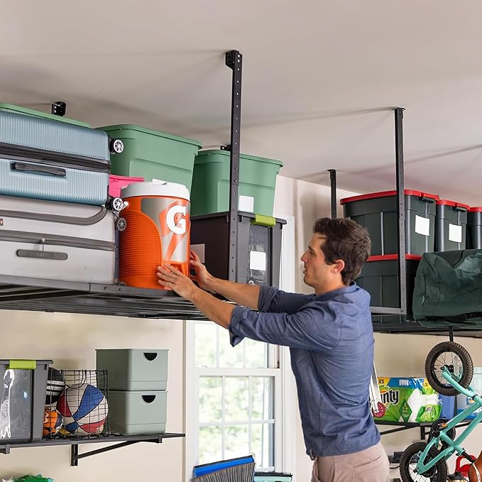 StoreYourBoard 4X8 Garage Storage Rack with Hooks, Ceiling Shelf Overhead Organization, Heavy Duty Steel Platform Holds 700 lbs, 96 in. x 48 in. x 40 in.