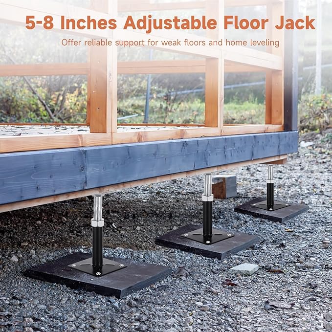 4 PCS Adjustable Floor Jacks, Heavy Duty Metal Post Floor Support, 5 to 8 Inches Mini Screw House Jack, Deck Foundation Lift Support, Level Support Floor Straightener for Balcony Patio Courtyard