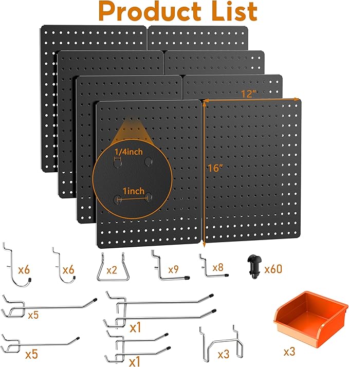 Peg Board, 114PCS Heavy Duty Metal Pegboard with Hooks, 8 Pack Black Peg Board Panels, 60lbs Load Capacity Each, Pegboard Wall Organizer for Garage, Workshop, Kitchen, Craft Rooms