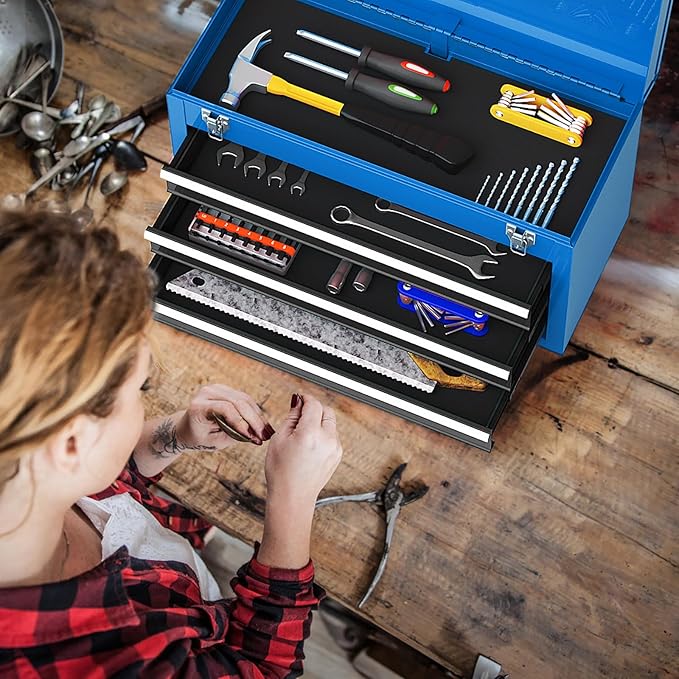Goplus Tool Box with 3 Drawers, 4-Tier 20.5" Portable Tool Chest Organizer with Top Tool Tray, Auto Lock, Protective Liner, Handle, Steel Metal Small Toolbox for Gargae, Workshop, Home