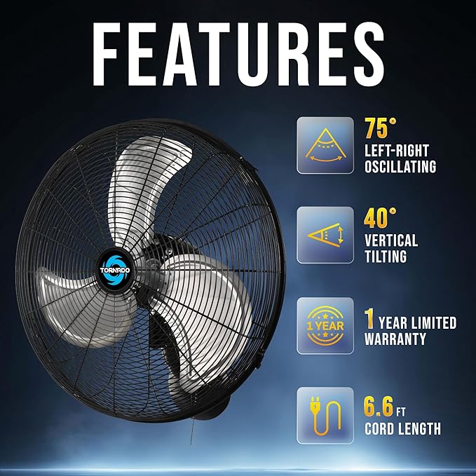 Tornado 20 Inch Professional High-Velocity Oscillating Wall Fan – Ideal for Industrial, Commercial, and Residential Use – 3-Speed Settings, 5250 CFM, UL Safety Certified