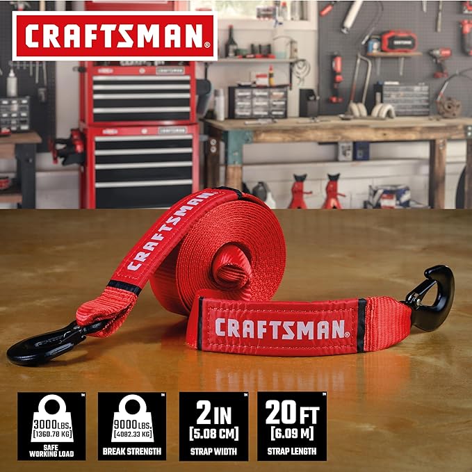 Craftsman CMXAZBS2002 Black/Red 2” x 20’ Recovery Tow Strap with Coated Steel Hook Clip Ends - 3,000 lb Safe Wortking Load / 9,000 lb Break Strength